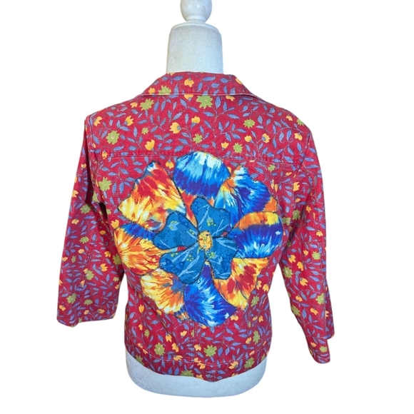 Vtg. Gotcha Covered Red Floral Jean Jacket Fabric Flower power Embroidered Back - Picture 8 of 9